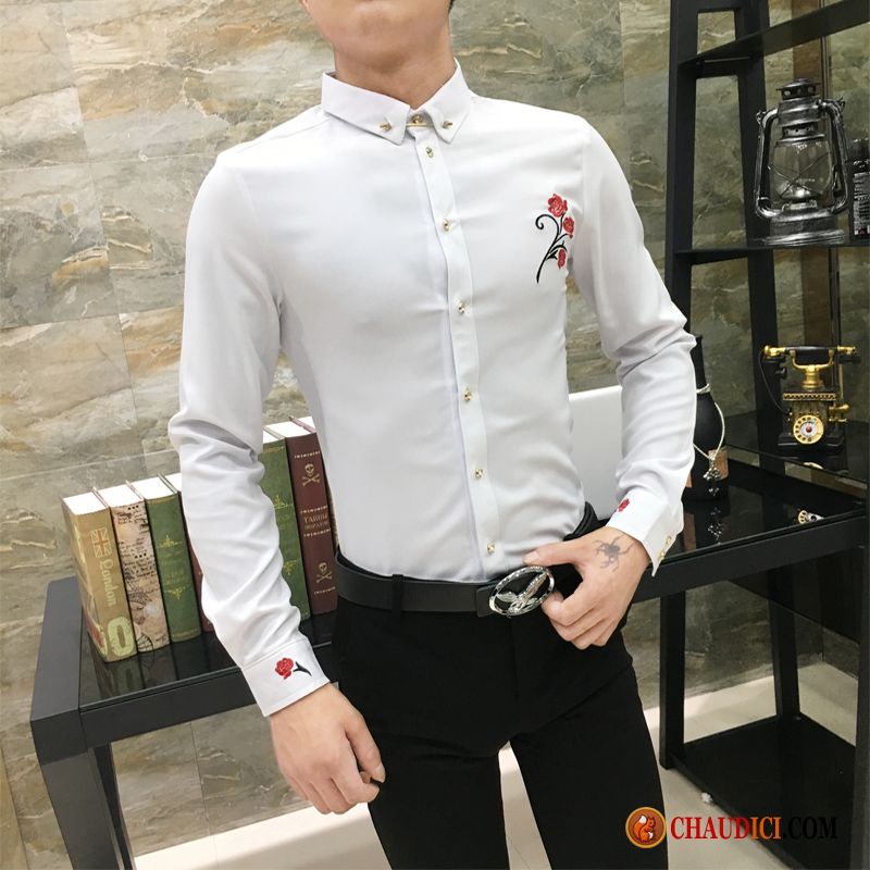 Chemises Hommes Blanches Manches Longues Printemps Slim Longues Blanc Mode