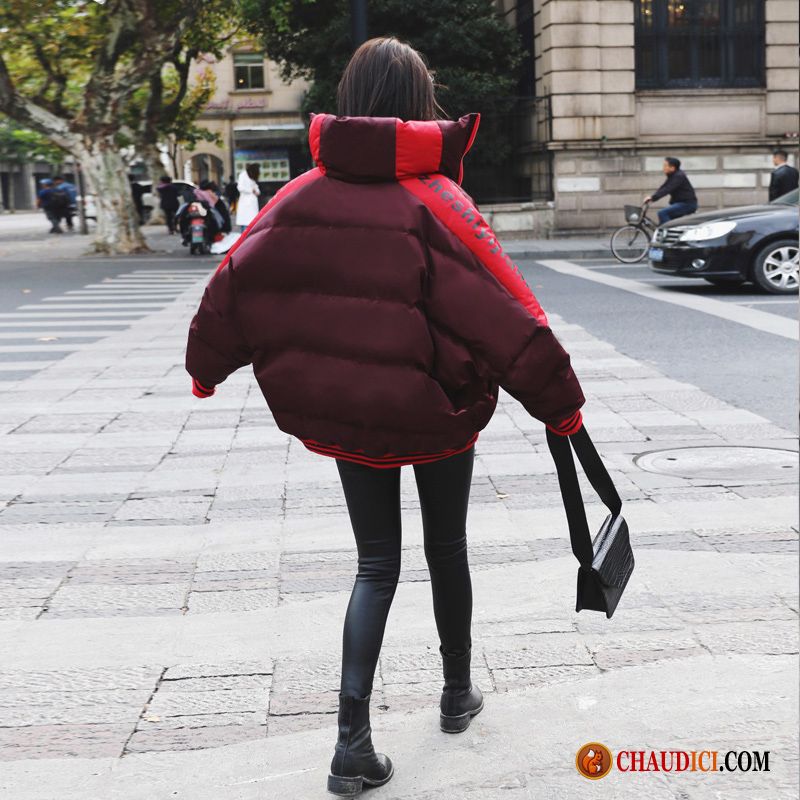 Doudoune Femme Capuche Fourrure Pensée Femme Vêtements Matelassé Vêtements D'hiver Rouge Baggy