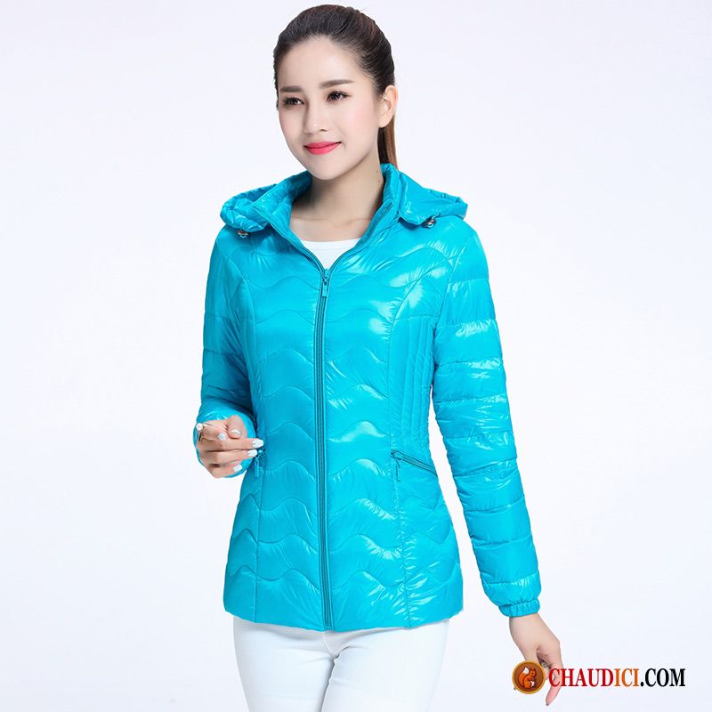 Doudoune Femme Sans Manche Turquoise Court Lumière Vêtements D'hiver Manteau Capuche Soldes