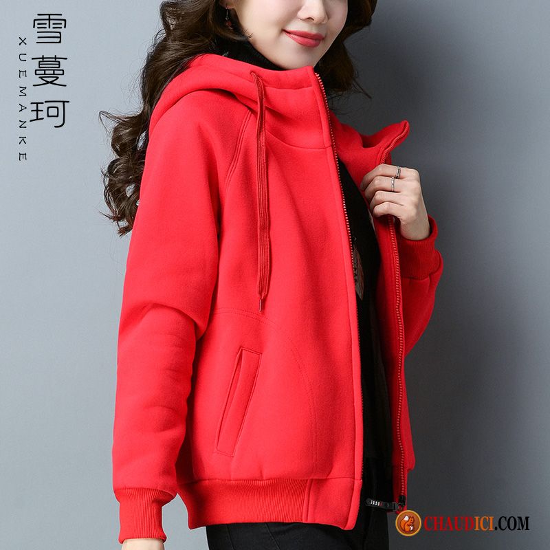 Gilet Femme Tendance Rose Plus De Velours Manteau Capuche Mince Rouge Pas Cher