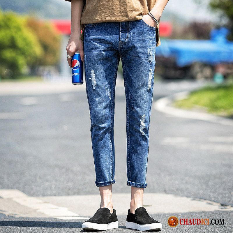 Jean Skinny Blanc Homme Baggy Pantalon Bleu Des Trous Dans Les Jeans Jambe Droite