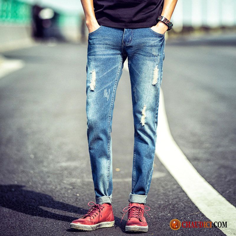 Jean Skinny Blanc Homme Baggy Pantalon Bleu Des Trous Dans Les Jeans Jambe Droite