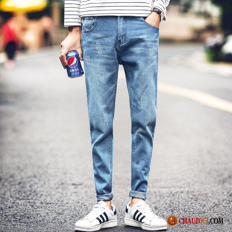 Jean Skinny Blanc Homme Baggy Pantalon Bleu Des Trous Dans Les Jeans Jambe Droite