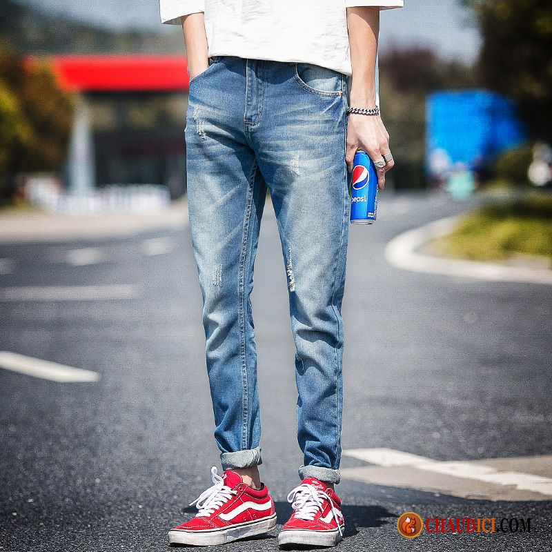 Jean Skinny Blanc Homme Baggy Pantalon Bleu Des Trous Dans Les Jeans Jambe Droite