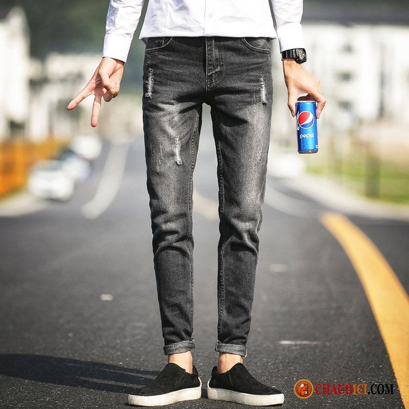 Jean Skinny Blanc Homme Baggy Pantalon Bleu Des Trous Dans Les Jeans Jambe Droite