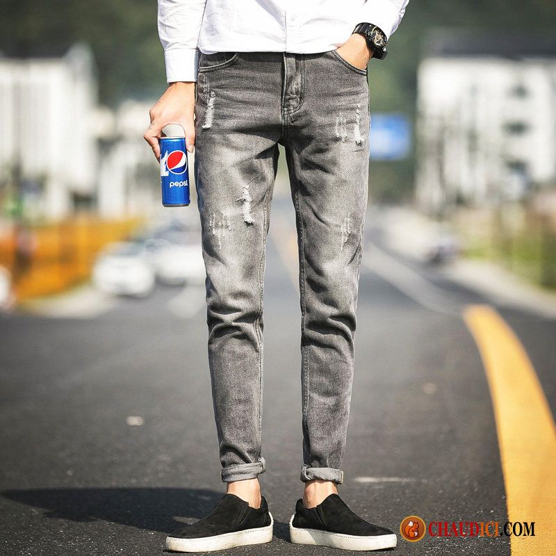 Jean Skinny Blanc Homme Baggy Pantalon Bleu Des Trous Dans Les Jeans Jambe Droite