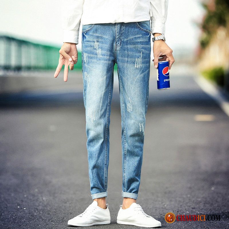 Jean Skinny Blanc Homme Baggy Pantalon Bleu Des Trous Dans Les Jeans Jambe Droite