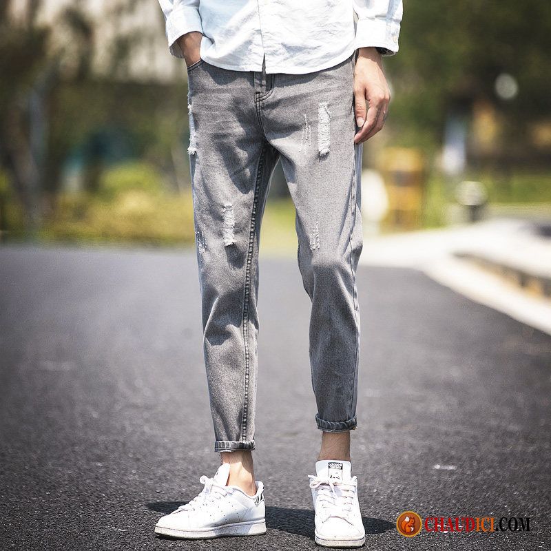 Jean Skinny Blanc Homme Baggy Pantalon Bleu Des Trous Dans Les Jeans Jambe Droite