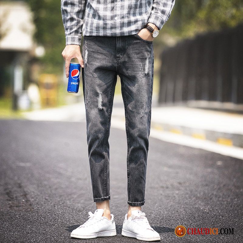 Jean Skinny Blanc Homme Baggy Pantalon Bleu Des Trous Dans Les Jeans Jambe Droite