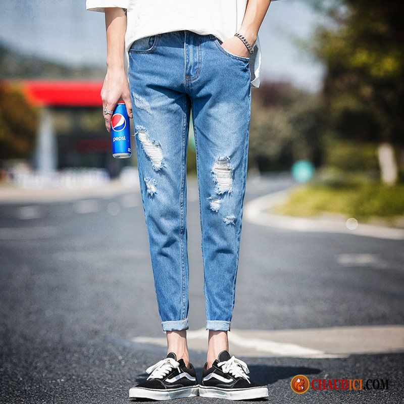 Jean Skinny Blanc Homme Baggy Pantalon Bleu Des Trous Dans Les Jeans Jambe Droite