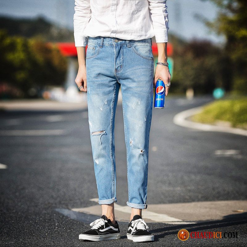 Jean Skinny Blanc Homme Baggy Pantalon Bleu Des Trous Dans Les Jeans Jambe Droite