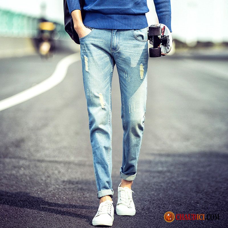 Jean Skinny Blanc Homme Baggy Pantalon Bleu Des Trous Dans Les Jeans Jambe Droite