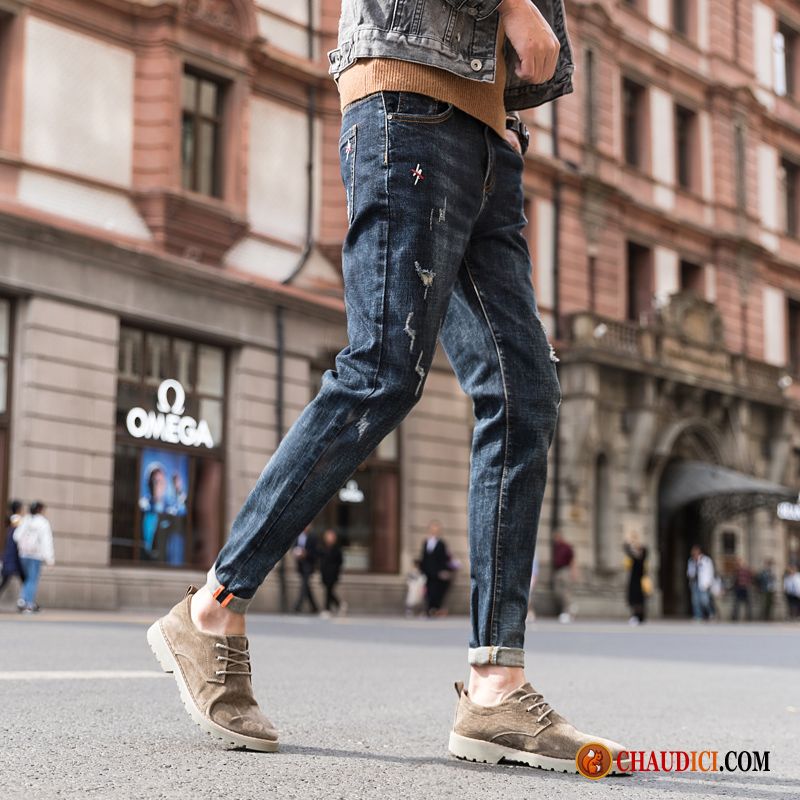 Jean Skinny Pas Cher Homme Troués Jeans Tendance Bleu Marque De Tendance