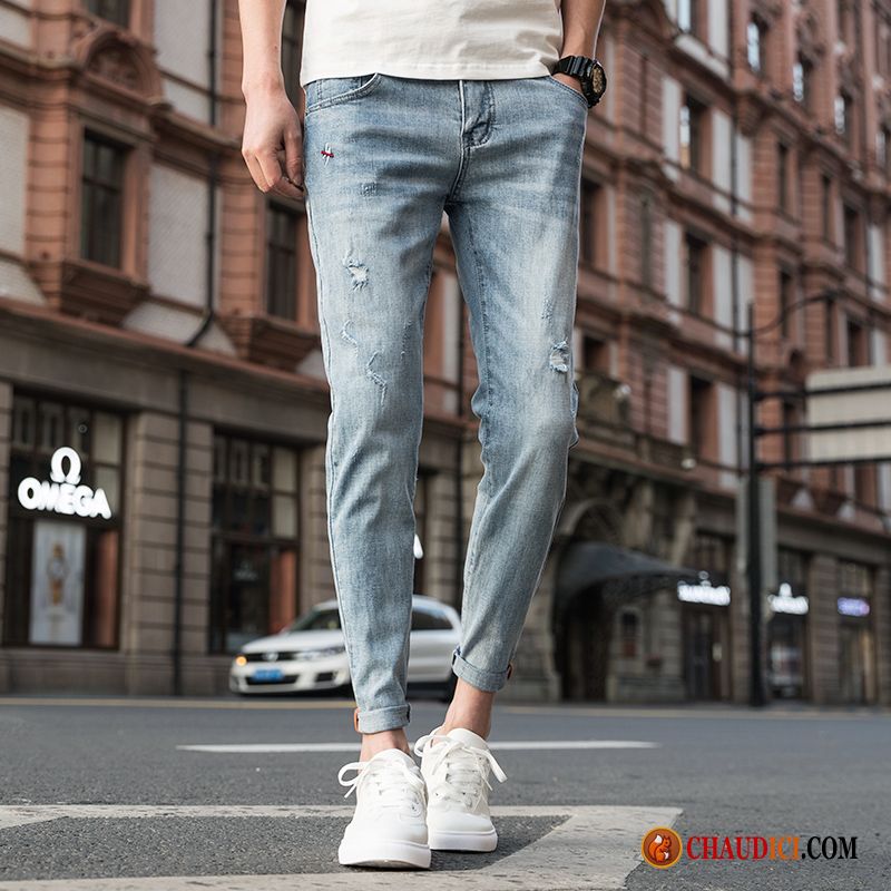 Jean Skinny Pas Cher Homme Troués Jeans Tendance Bleu Marque De Tendance