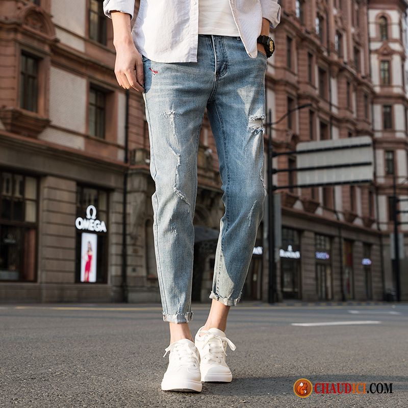 Jean Skinny Pas Cher Homme Troués Jeans Tendance Bleu Marque De Tendance