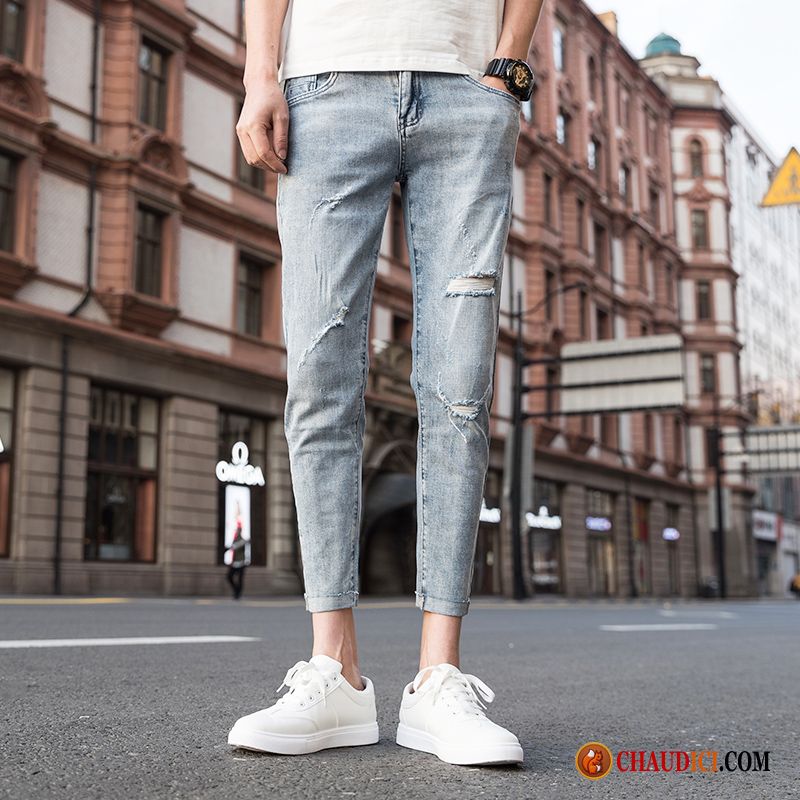 Jean Skinny Pas Cher Homme Troués Jeans Tendance Bleu Marque De Tendance