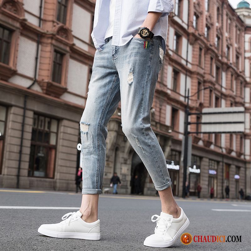 Jean Skinny Pas Cher Homme Troués Jeans Tendance Bleu Marque De Tendance