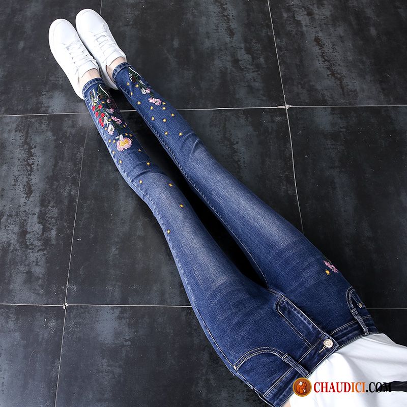 Jeans Femme Couleur Slim Moulant Printemps Longue Broderie Pas Cher