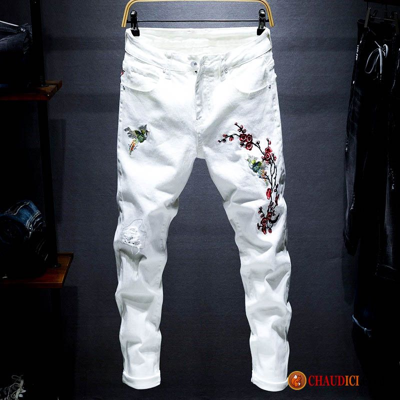 Jeans Homme Blanc Slim Légère Jambe Droite Maigre Couleur Claire Pas Cher