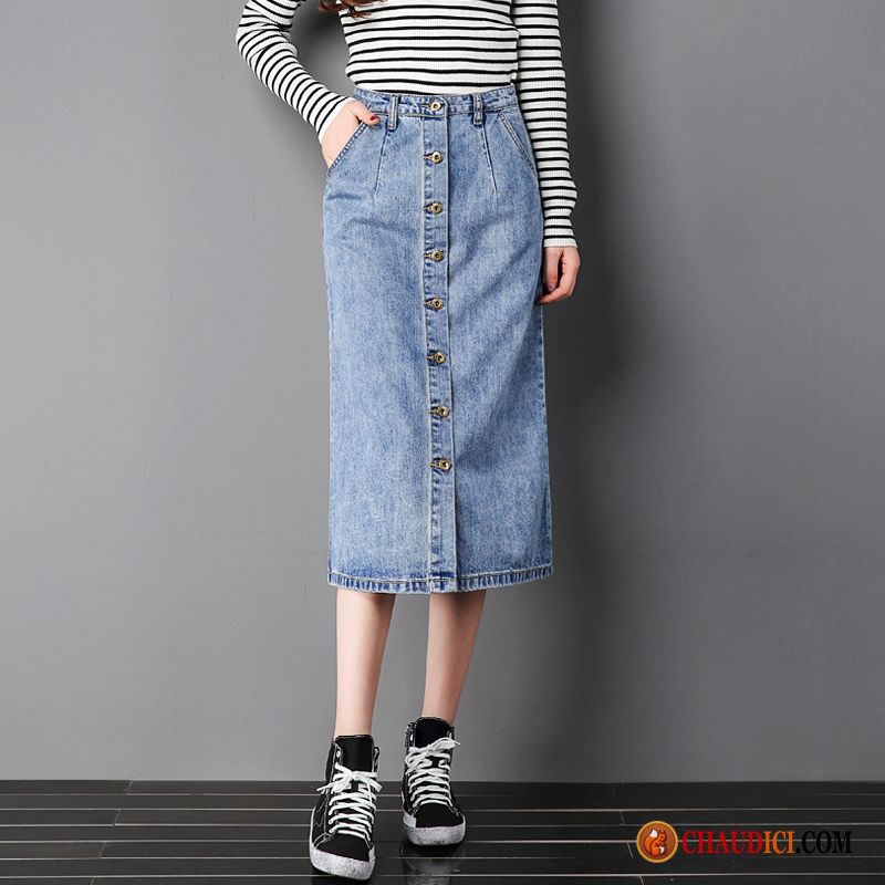 Jupes Plissées Femme Denim Haute Cintrée Tendance Bouton À Une Rangée Jupes Pas Cher