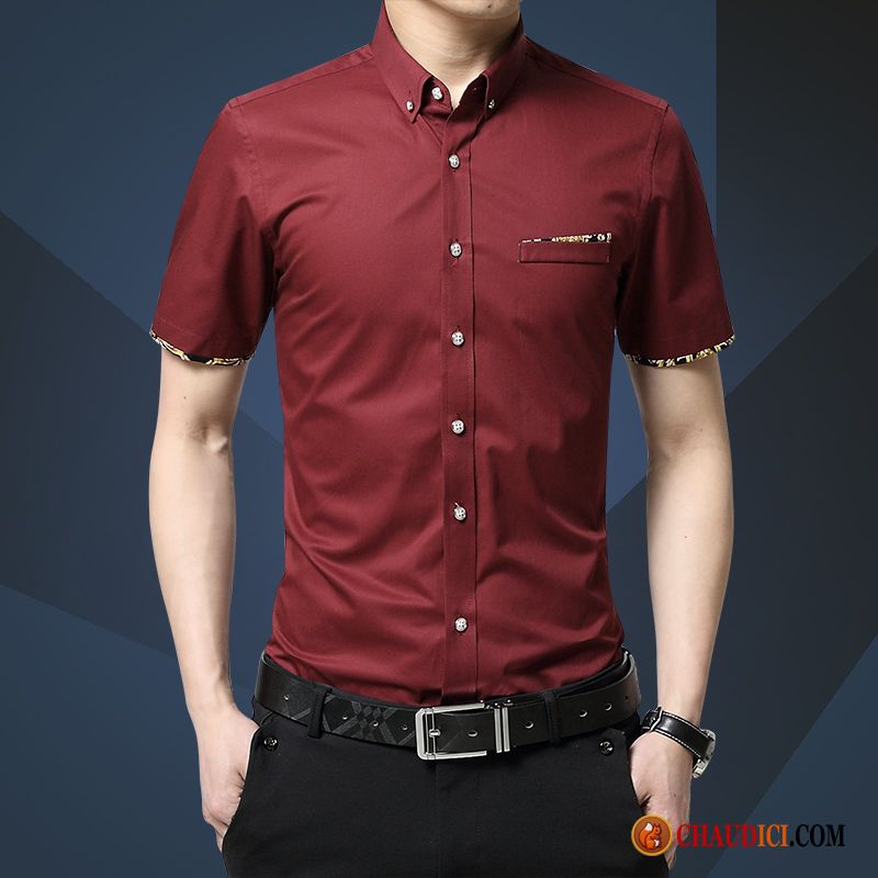 Magasin Chemise Homme Bordeaux Chemise Slim Légère Été Jeunesse Soldes