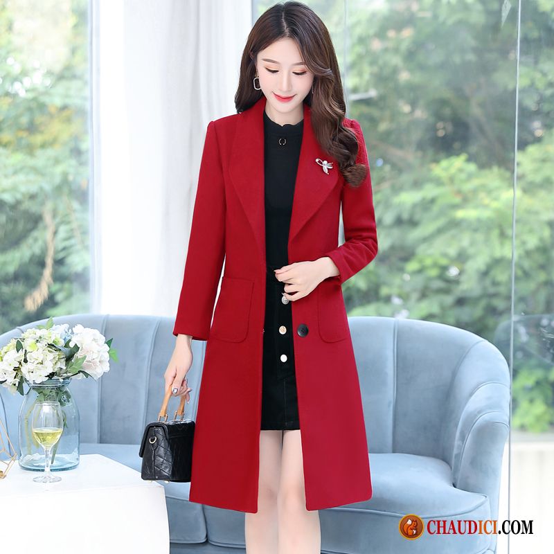 Manteau Femme Rouge Turquoise Bouton À Une Rangée Slim Manteau Hiver Col Carré