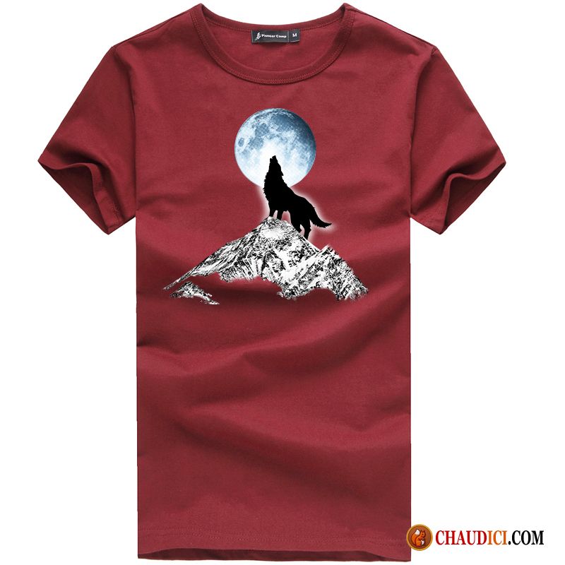 Marque De Tee Shirt Tendance Rouge Tendance Baggy Courte Loup Col Rond Pas Cher