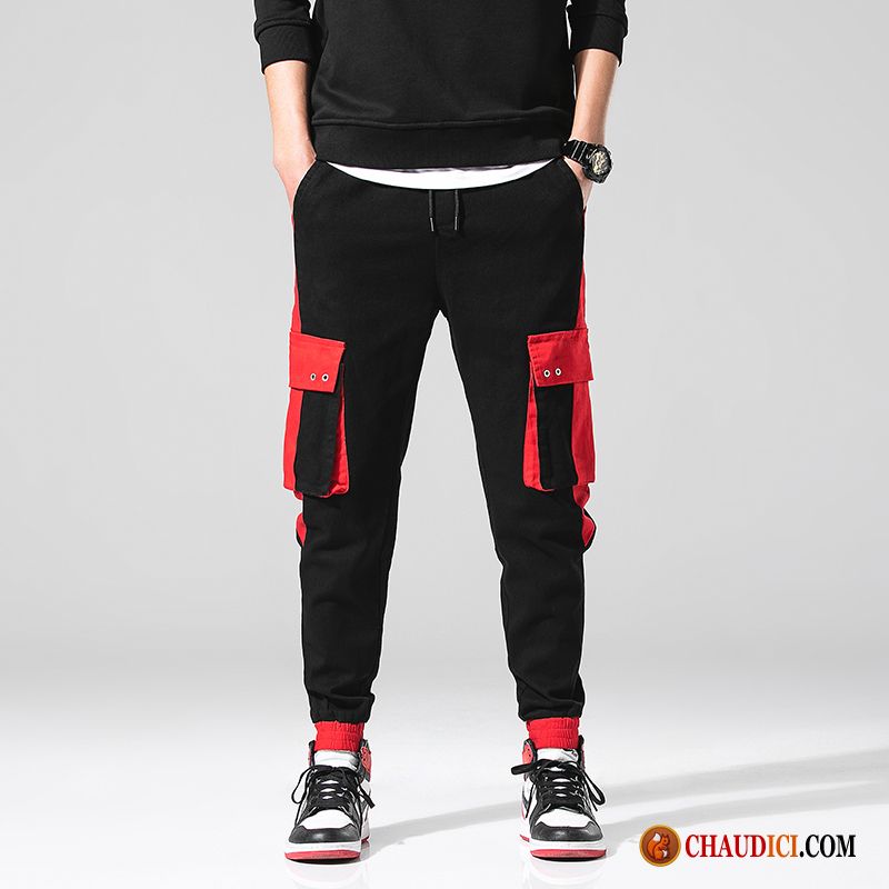 Pantalon Cargo Lin Noir Homme Seashell Marque De Tendance Pantalons Hip Hop Rouge Baggy Soldes