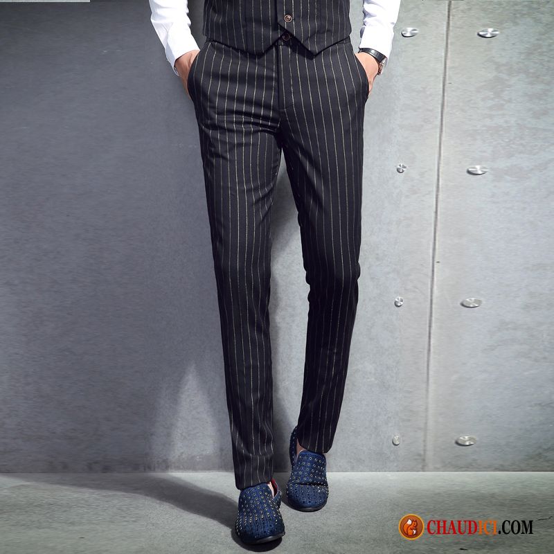 Pantalon Pas Cher Homme Blanc Slim Rayé Banquet De Mariage Jambe Droite Homme