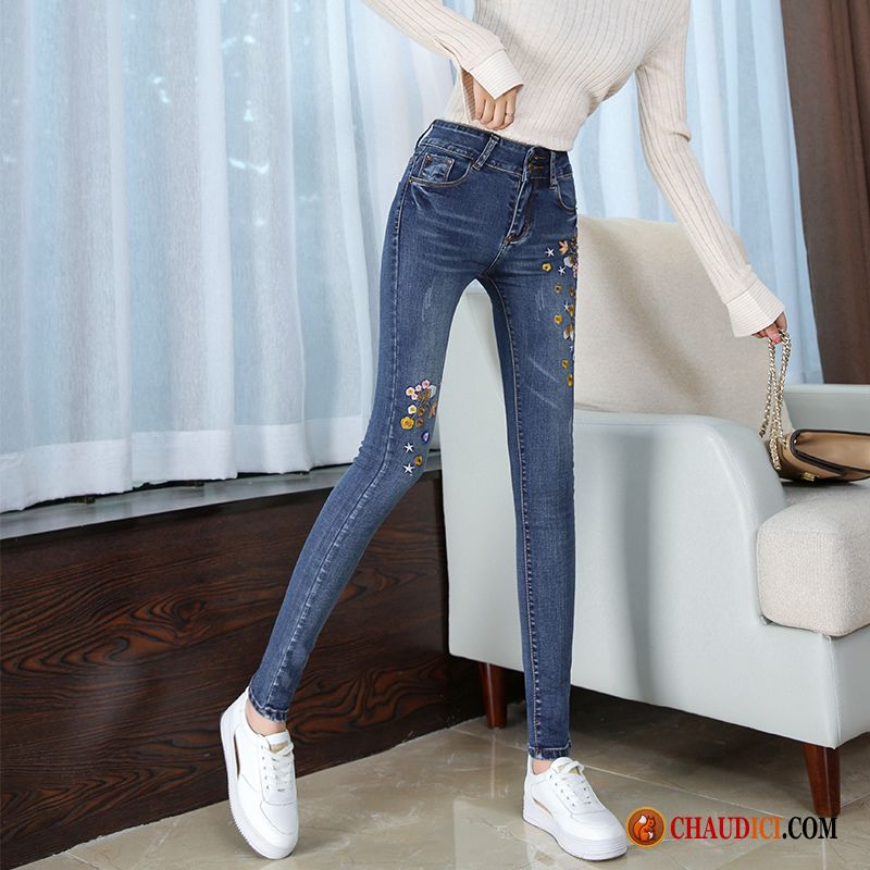 Pantalon Slim Taille Haute Pantalons Crayon L'automne Jeans Femme Bleu Pas Cher