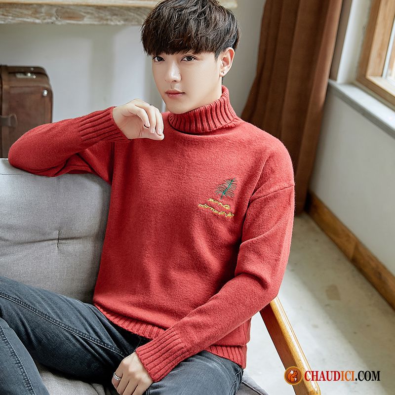 Pull Tendance Pas Cher Homme Homme Rouge Pullovers Jeunesse Revers Roulé