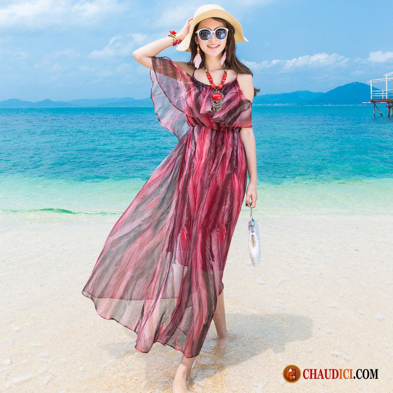 Robe Ete Chic Femme Mousseline De Soie Mince Plage Dos Nu Été