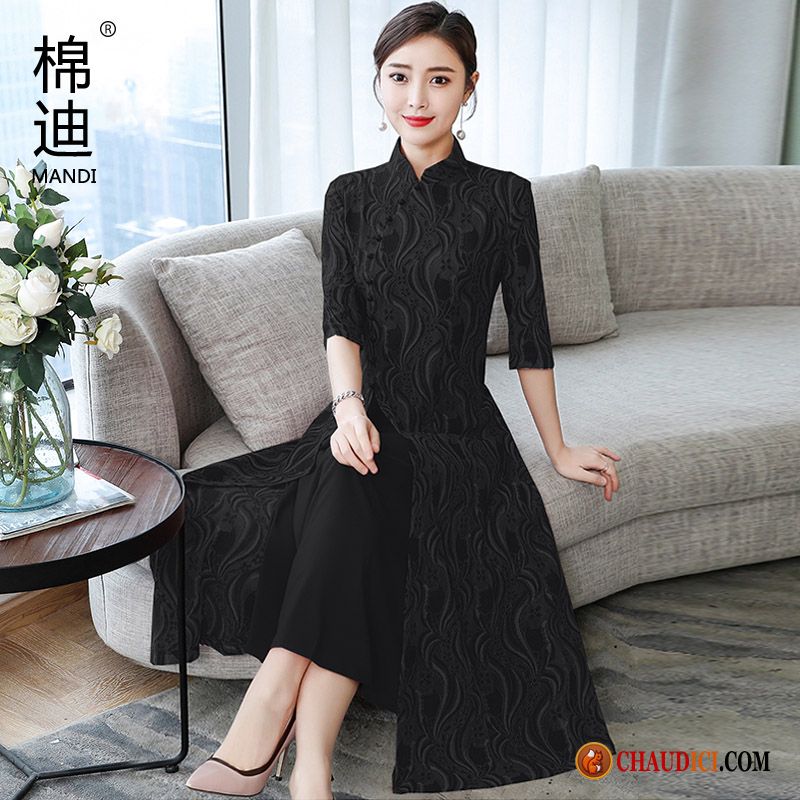 Robe Imprimée Femme Manche Noir Robe Élégant Printemps