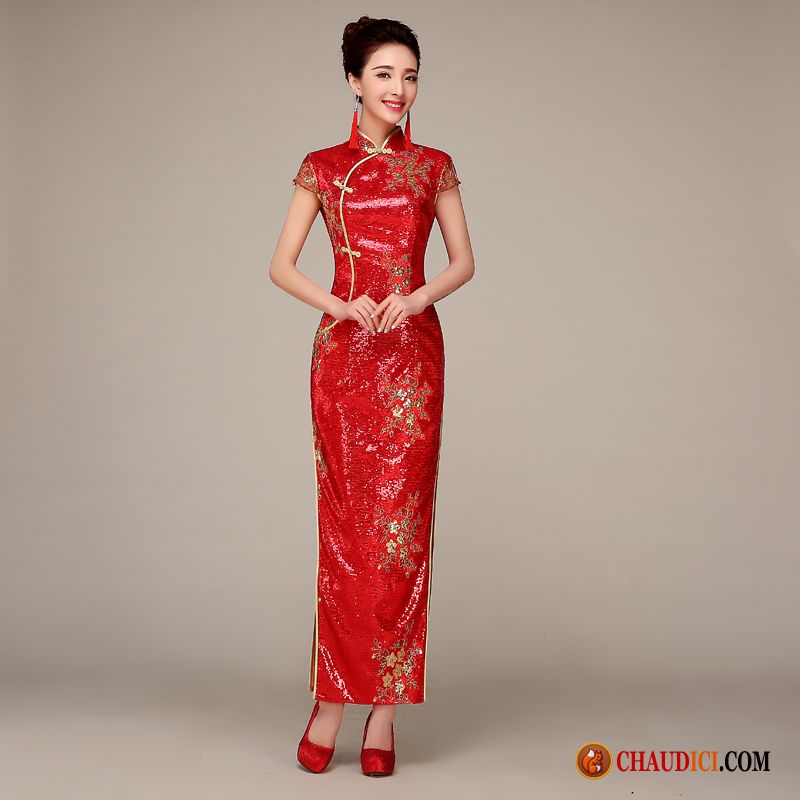 Robe Longue Ete Noire Sarcelle Mince Cheongsam Mode Paillette Sexy Pas Cher