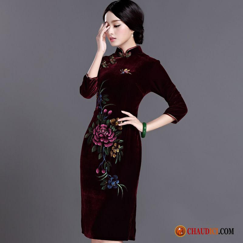 Robe Manches Longues Cheongsam Printemps Manche Maman Velours Pas Cher