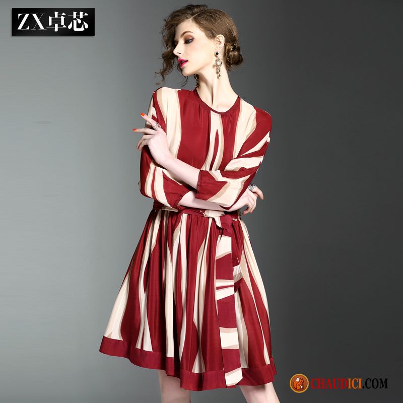 Robe Mi Longue Rouge Steelblue A Lettre Rayé Printemps Manche Robe Pas Cher