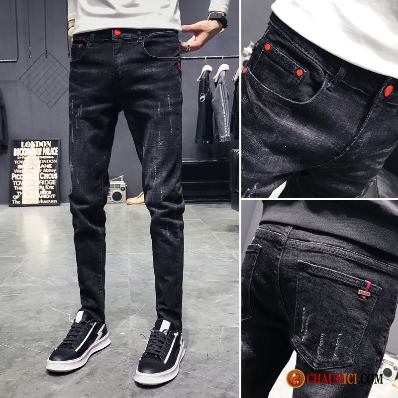 Salopette Jean Homme Pas Cher Rouge Printemps Troués Noir Slim Homme