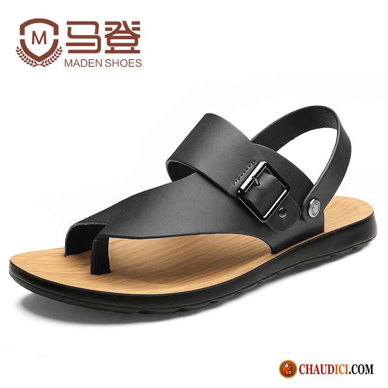 Sandales Cuir Noir Homme En Cuir Plage Décontractée Sandales Jeunesse Pas Cher