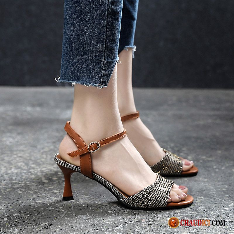 Sandales En Cuir Femme Cuir Véritable Gris Talon Moyen Femme Été Pas Cher