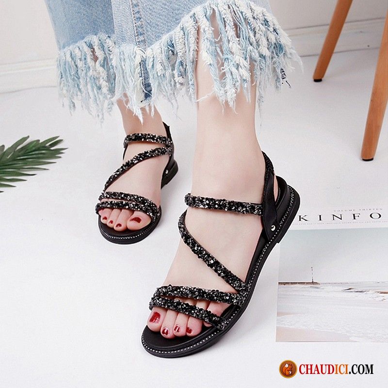 Sandales Femme Couleur Vente Imitation Strass Tous Les Assortis Étudiant Semelle Épaisse Sandales