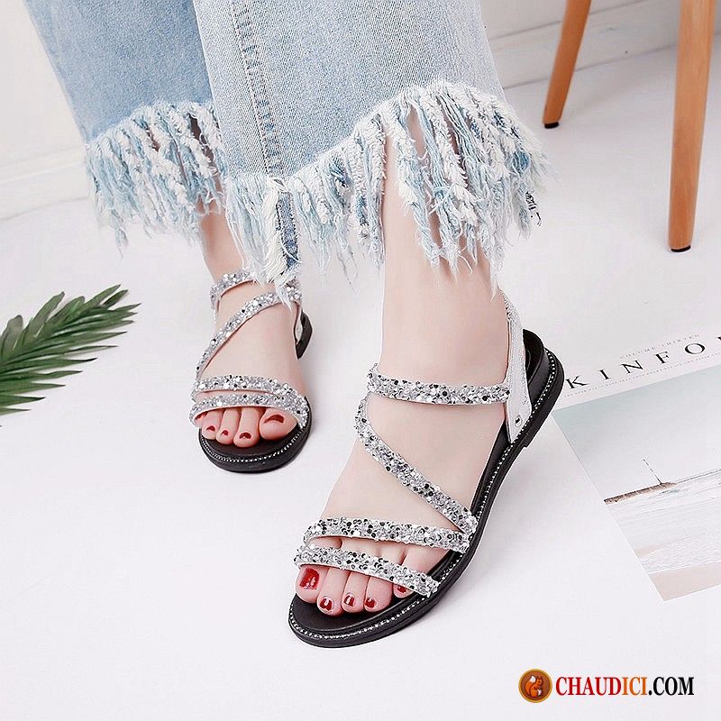 Sandales Femme Couleur Vente Imitation Strass Tous Les Assortis Étudiant Semelle Épaisse Sandales