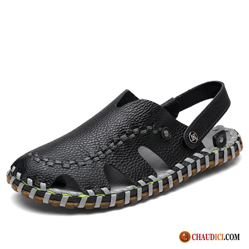 Sandales Homme Noir Cuir Respirant Cuir Véritable Sandales Tendance Plage Pas Cher