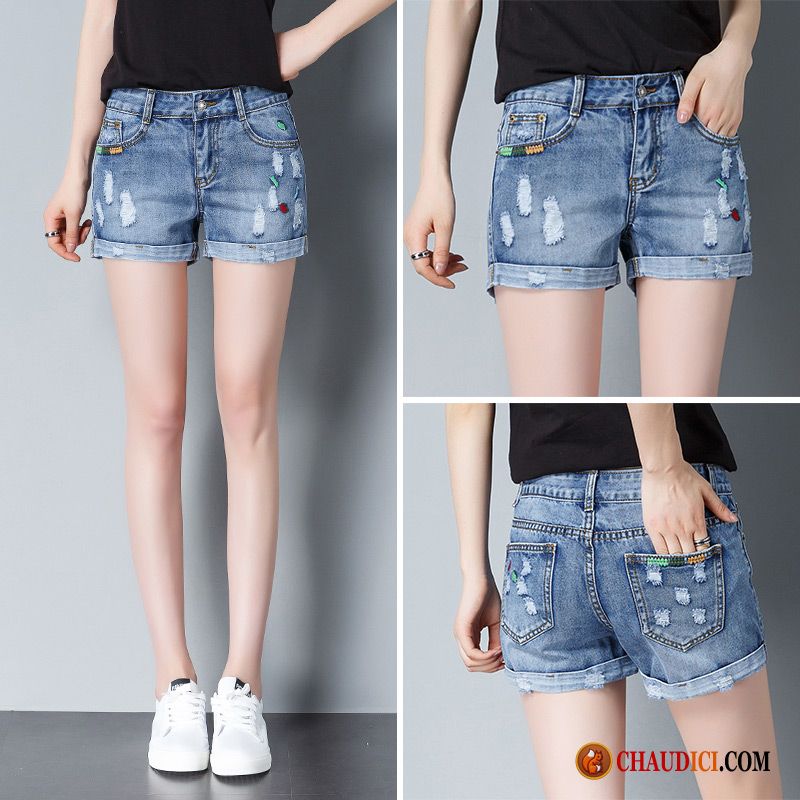 Short En Jean Pas Cher Femme Bleu Baggy Flambage Haute Cintrée Denim Tendance