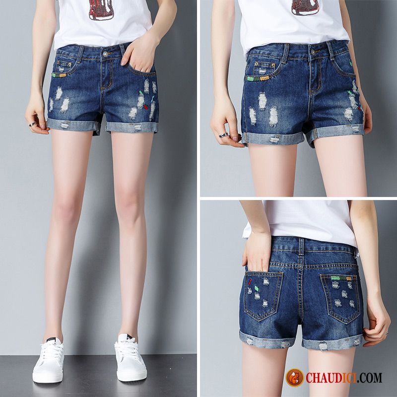 Short En Jean Pas Cher Femme Bleu Baggy Flambage Haute Cintrée Denim Tendance