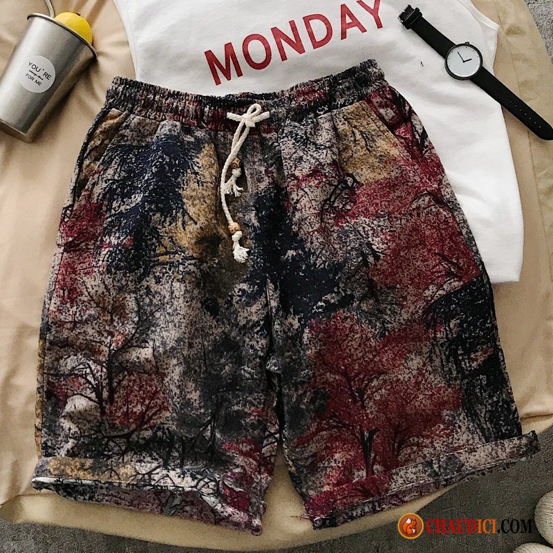 Shorts Homme Elastique Baggy Rouge Plage Homme Cinquième Pantalon Soldes