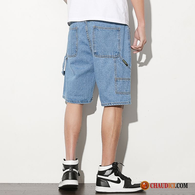 Shorts Homme Taille Extensible Cargo Denim Bleu Décontractée Septième Pantalon Pas Cher