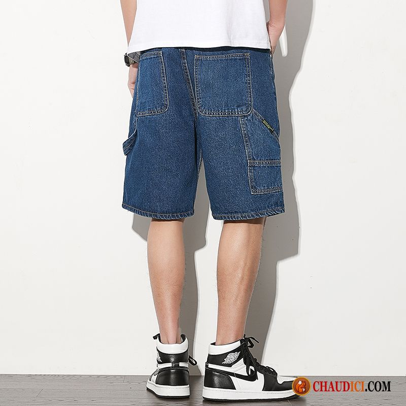 Shorts Homme Taille Extensible Cargo Denim Bleu Décontractée Septième Pantalon Pas Cher