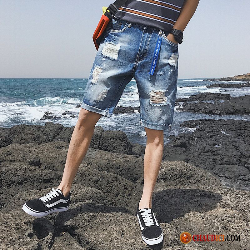 Shorts Legging Homme Été Tendance Troués Bleu Homme