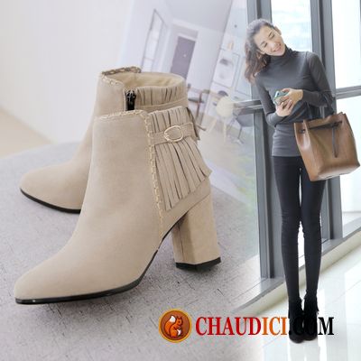 Soldes Bottes Cuir Cuir Bottes Courtes Bout Rond Pompon Femme