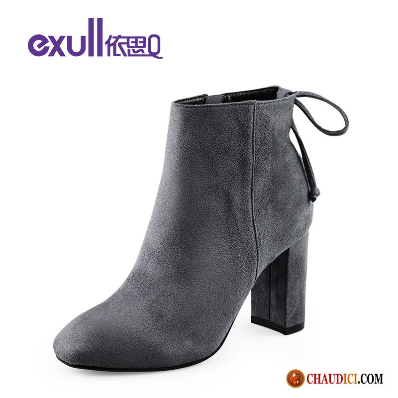 Soldes Bottes Cuir Violet Hiver Tête Carrée Talons Hauts Bottes Courtes Laçage Pas Cher